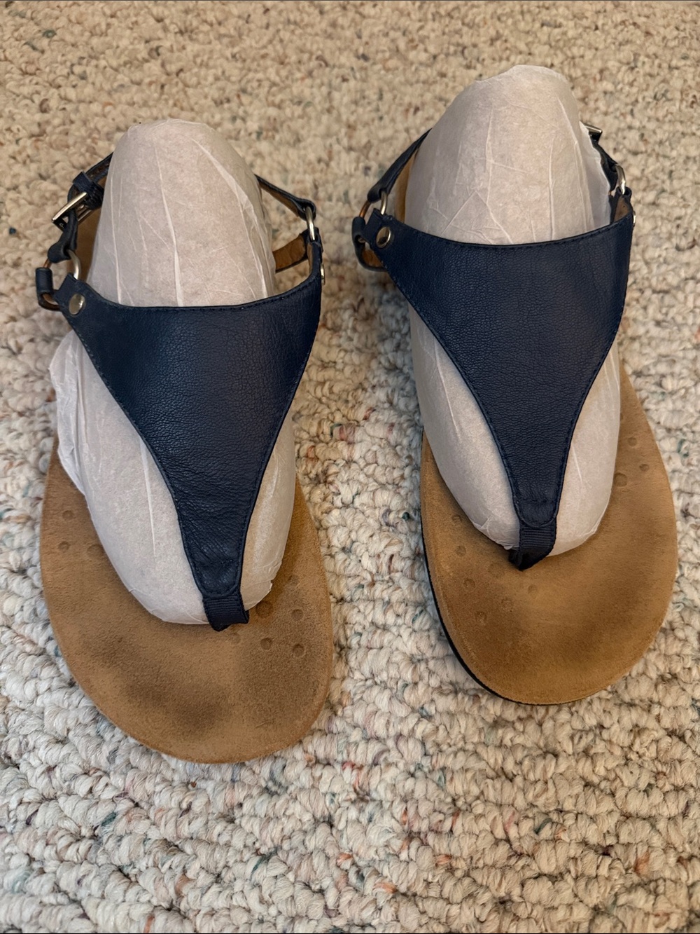 Vionic Navy and Tan T-Strap Sandals